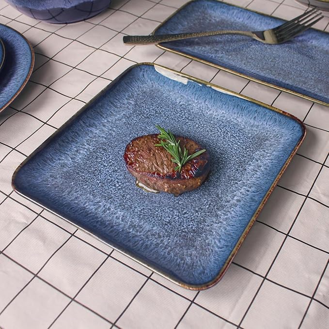 4-piece ceramic dinner plate set suitable for steak pasta and pizza microwave- and dishwasher-safe scratch-resistant blue 9-inch square dinner plate