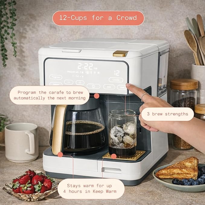 Multi Brew Coffee Maker with Single Serve and Carafe Brewing Options for Countertop Home Use (White Icing)