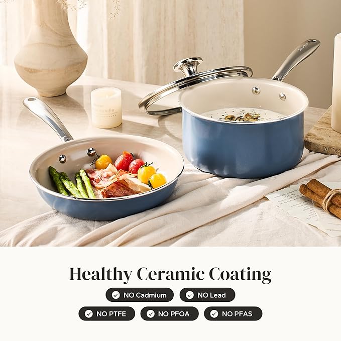 Redchef Nonstick Mini Cookware Set 8 Ceramic Fry Pan 2.5QT Small Saucepan with Lid*2Cooking Pot with Stay-Cool Handles Compatible All Stovetops PFAS PFOA &amp PTFEFree (Blue)