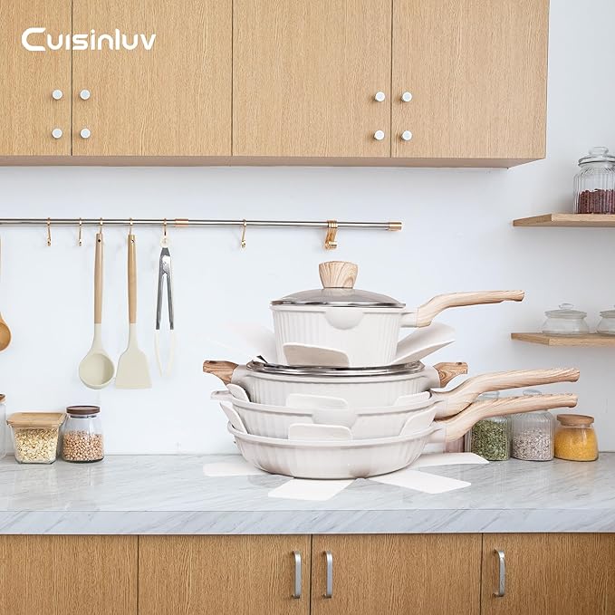 Pots and Pans Set Non Stick 13Pcs Kitchen Cookware Sets Granite Stone Induction Cookware Non Stick Cooking Set w/Frying Pans Saucepans Sauté Pan (PFOA Free) Cream White