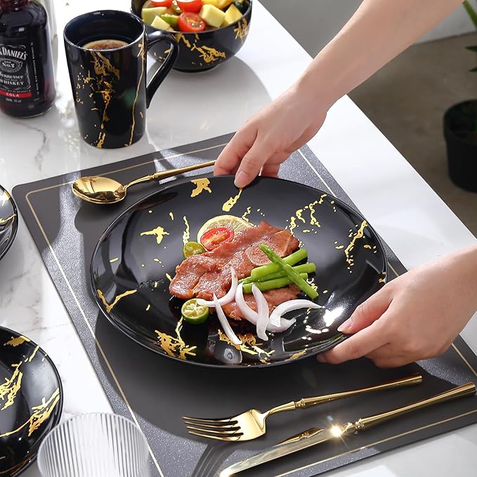 Modern Porcelain 16 Piece Black Dinnerware SetPlates and Bowls SetsGold Dish Set for 4Black Dinnerware SetDinner Sets with Dinner Plates