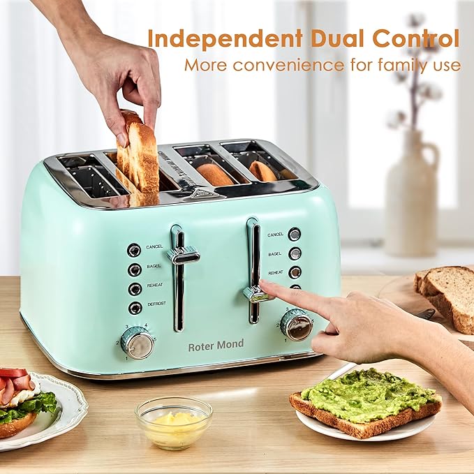 Roter Mond Toaster 4 Slice Retro Stainless Steel with Extra Wide Slots Bagel Defrost Reheat Function Dual Independent Control Panel Removable Crumb Tray 6 Browning Levels Aqua Green