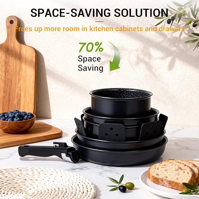 Ammeloo 21-Piece Ceramic Pots and Pans Set Non Stick with Detachable Handles and Egg Frying Pan Non-Toxic Cookware Induction Ready Oven Safe Stackable for Storage Black Speckled