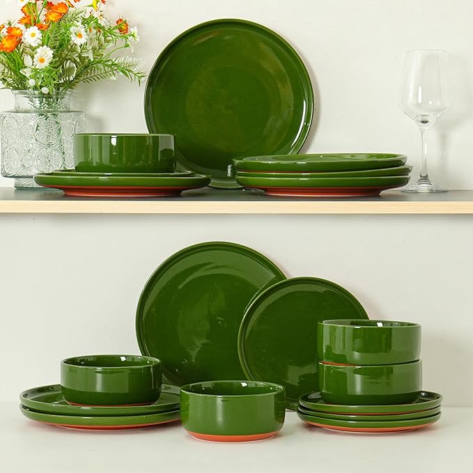 Stoneware Cereal and Soup Bowls Set of 4 6-Inch Dual Glaze Ceramic Bowls for Breakfast &amp Oatmeal Microwave and Dishwasher Safe Forest Glaze Green