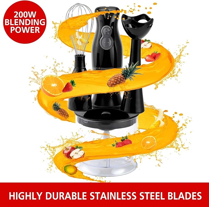 2-Speed Electric Hand Blender with Balloon Whisk – Ergonomic Immersion Blender for Mixing Chopping and Food Processing – Stainless Steel Blades 5ft Cord Dishwasher Safe (Black)