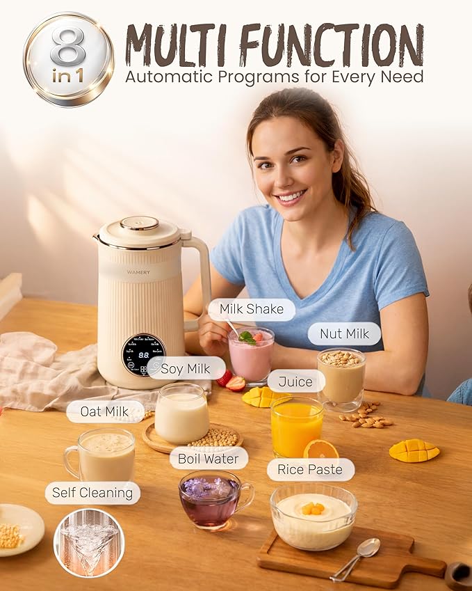 Wamery 32oz Nut Milk Machine (Black) - Soy Milk Maker for Almond &amp Oat Fruit Blender Automatic Heated Programs Self‑Cleaning Delay Start Keep Warm &amp Boil Water 1‑Liter Capacity with Star