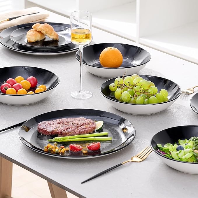 Bestone 12 Piece Round Kitchen Dinnerware SetsPlates and Bowls setsDishes Plates Bowls Dish SetPlates and BowlsService for 4 Chip Resistant Porcelain Starburst Turquoise Black