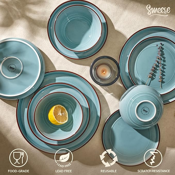 Sweese Plates and Bowls Sets Porcelain Dinnerware Sets for 6 18 pcs Handcrafted Glaze Embossed Dinner Set Scratch Resistant Dishware Dishwasher Oven Microwave Safe Ceramic Dish Set Gradient Blue