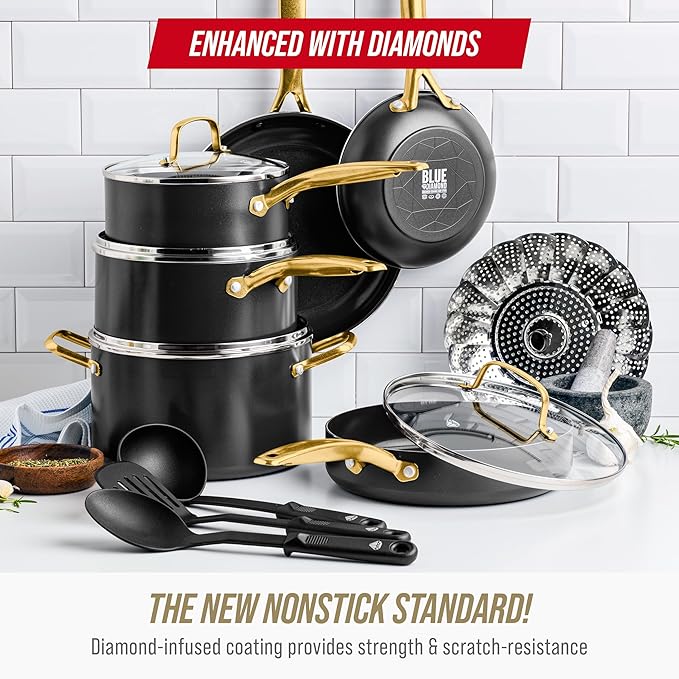 Blue Diamond 14 Piece Induction Nonstick Cookware Set Diamond Infused PFAS-Free Ceramic Nonstick Pots &amp Pans Durable Metal Utensil Safe Dishwasher Safe Oven &amp Broiler to 600F Black/Gold