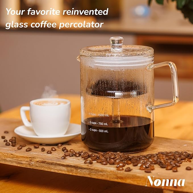 NONNA 2.0 Glass Coffee Percolator - Borosilicate Glass &amp Stainless Steel Retro Percolator | Eco Friendly Coffee Gift | BPA Free | Stovetop Glass Coffee Percolator (1 Unit)