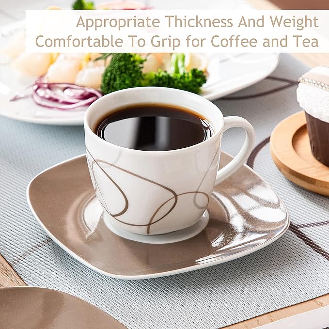VEWEET 'Nikita' 30-Piece Dinner Set Ivory White Brown Lines Porcelain China Ceramic Combination Sets of Dessert Plates/Soup Plates/Dinner Plates/Cups/Saucers Service for 6