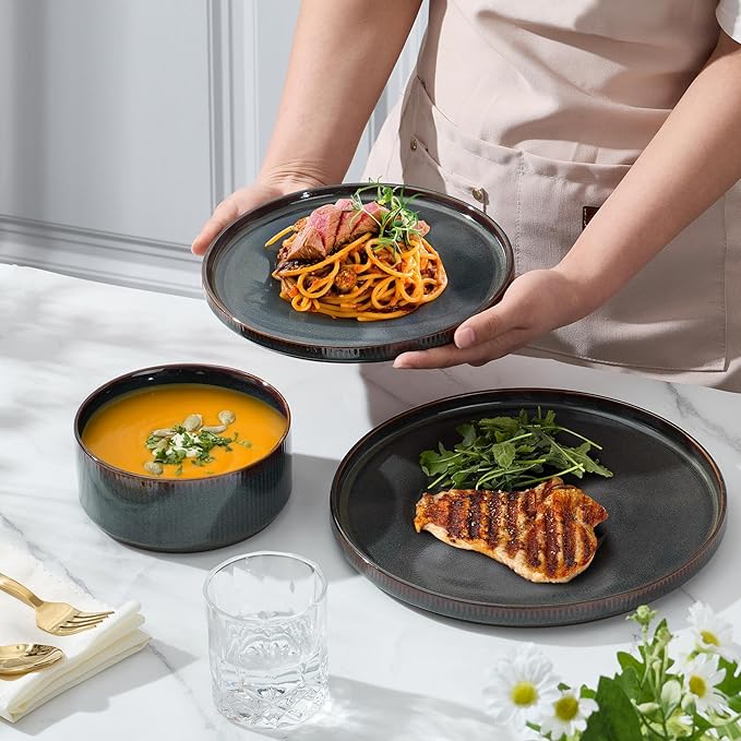 E-far 12-Piece Plates and Bowls Sets Stoneware Dinnerware Dishes Sets for 4 Kitchen Modern Dining Dishware Chip &amp Scratch Resistant Microwave &amp Dishwasher Safe Blackish Green
