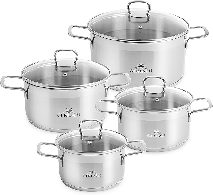 Gerlach 1760 Brava Stainless Steel Saucepan Set Induction Pots Set Suitable for Induction Cookware Set of 4 Silver