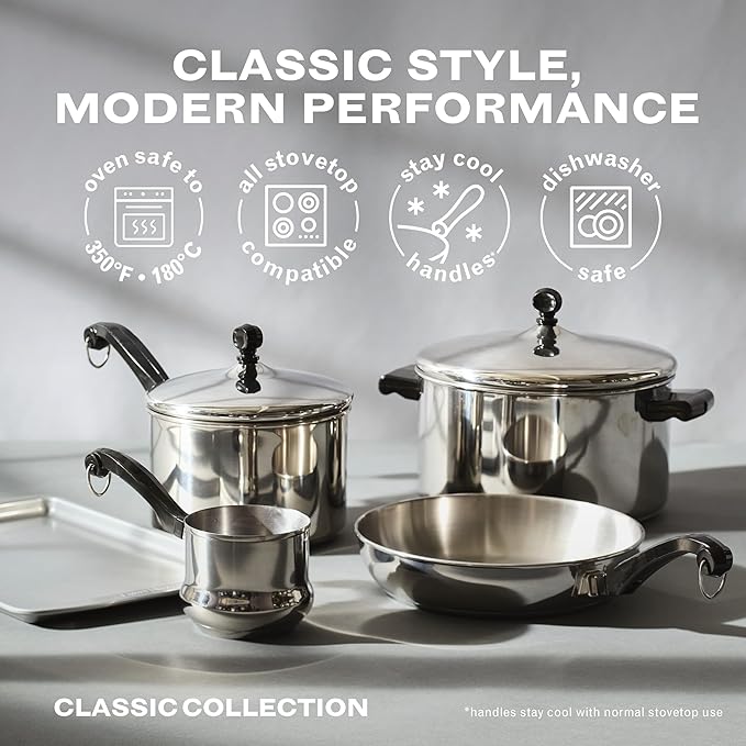 Farberware Classic Series Stainless Steel Pots and Pans with Baking Sheet Pan Cooking Tools and Lids Induction Ready Dishwasher Safe 10 Piece Cookware Set Metal Utensil Safe - Stainless Steel
