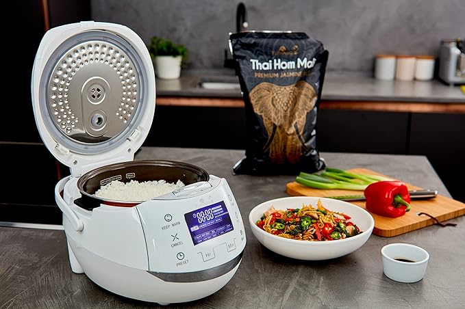 Yum Asia Sakura Rice Cooker with Ceramic Bowl and Advanced Fuzzy Logic (8 Cup 1.5 Litre) 6 Rice Cook Functions 6 Multicook Functions Motouch LED Display 120V Power (White and Siver)