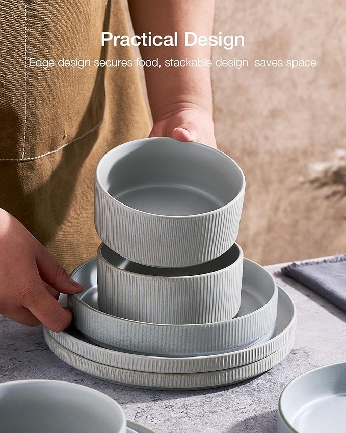 Famiware Star Dinnerware Set Plates and Bowls Sets for 8 (24pcs) Ribbed Stoneware Dishes - Chip &amp Scratch Resistant Microwave &amp Dishwasher Safe Matte Gray