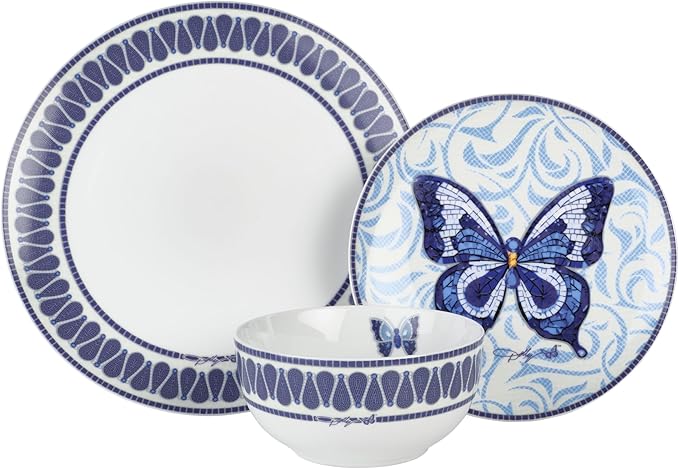 Dolly Parton 12 Piece Jeweled Mosaic Blue Butterfly Dinnerware Set Porcelain Dinner Plates Salad Plates Bowls Service for 4 Microwave Dishwasher Safe