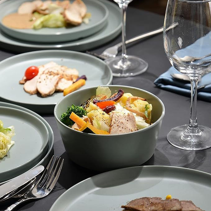 FINE&ampNICE 12Pcs Melamine Dinnerware Sets Plates and Bowls Sets for 4 Unbreakable and Lightweight Dishes Set for Indoor and Outdoor Use BPA Free Dishwasher Safe (Sage Green)