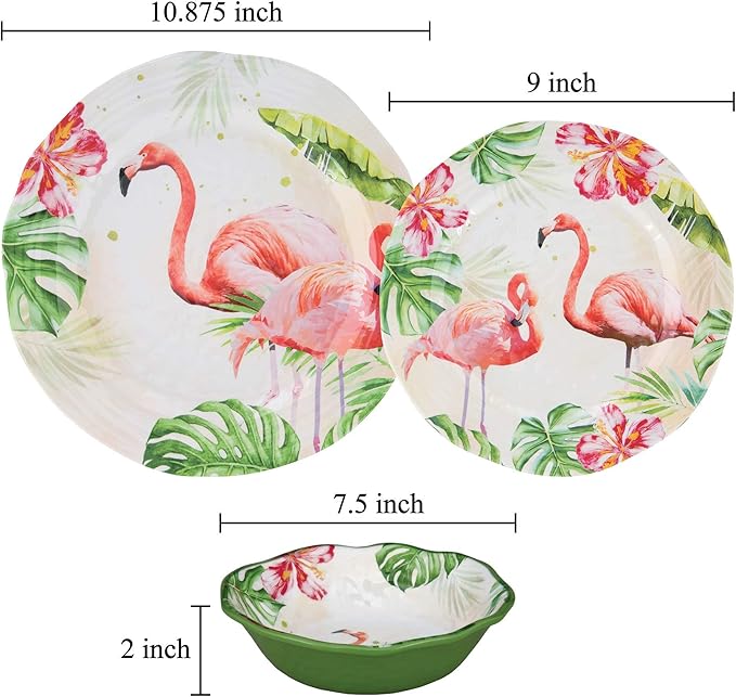 UPware 12 Piece Flamingo Melamine Dinnerware Sets Outdoor Dishes Set Plates and Bowls Sets Service for 4 Multicolor