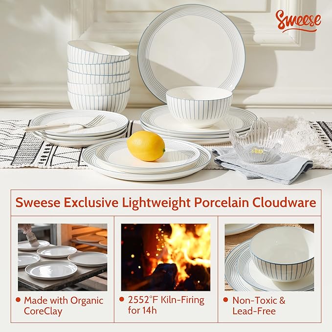 Sweese Lightweight Dinnerware Sets Plates and Bowls Set for 6 18 Pieces Stripe Dishes - Chip and Scratch Resistant Microwave and Dishwasher Safe Porcelain Dinner Sets Blue