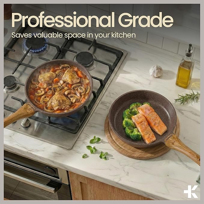 Bakken Master 20 Piece Cookware Set - Pots and Pans with Handle Grips and Tempered Glass Lids With 6-piece Bakeware Set Nonstick Granite Coating Ceramic Max Temperature (Up To 500°F) Brown Marble