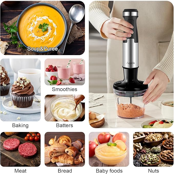 Immersion Blender 5 in 1 Handheld Blender 1500W 20 Speed Mode&ampTurbo Boost Heavy Duty Motor Electric Hand Blender with Chopper Whisk Frother Beaker for Baby Food Sauce Soup Aquox