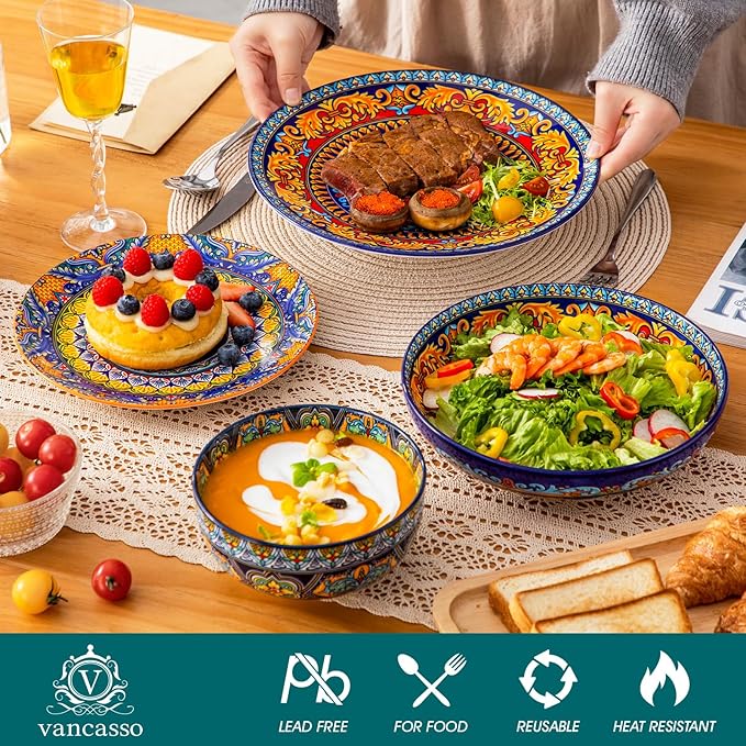 vancasso 24-Piece Dinnerware SetsPlates &amp Bowls Sets Service for 6 Bohemian Porcelain Dishes Set for 6 Kitchen Dinner SetMicrowave &amp Dishwasher Safe Scratch ResistantSeries KRVI