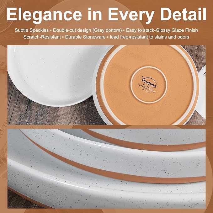Ceramic Dinnerware SetsPorcelain Plates and Bowls Set with Rustic Terracotta Underside Scratch Resistant 12 Pieces Stoneware Dishes Set Dishwasher &amp Microwave SafeWhite(Brown)