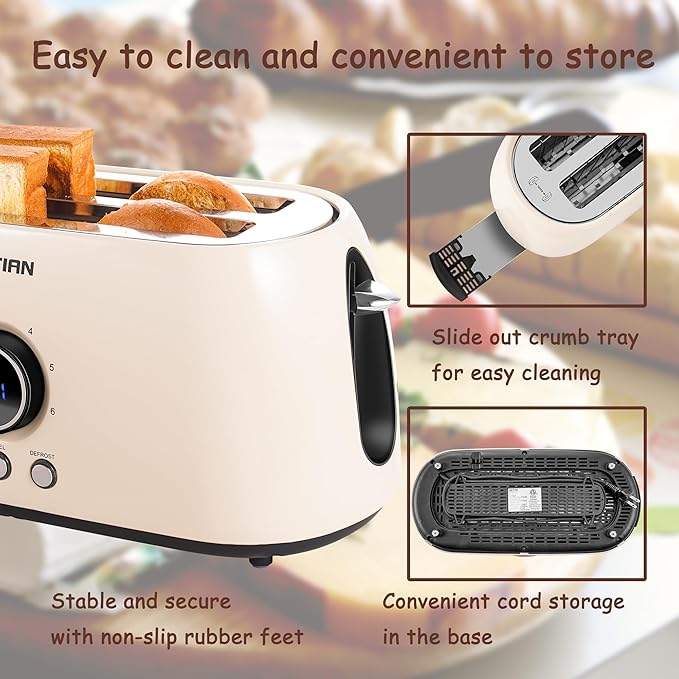 Toaster 4 Slice KOTlAN Retro Long Slot Toasters with CountdownTimerStainless Steel ToasterBagelDefrostReheatCancel FunctionsExtra Wide Slots6 Toast SettingsRemovable Crumbs TrayWhite