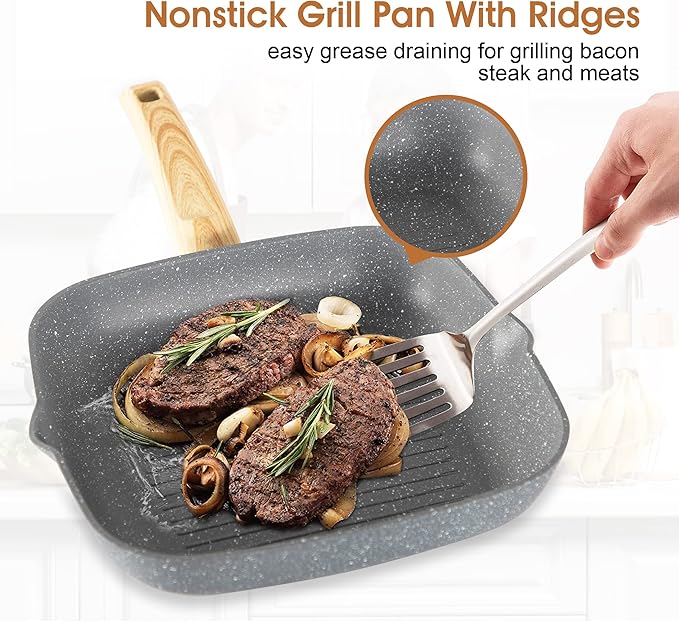 Kitchen Academy Induction Cookware &amp Bakeware Set - 30 Piece Grey Granite Cooking Pans Set Non Toxic Pots and Pans Set Non Stick