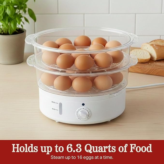 Vegetable Steamer Rice Cooker- 6.3 Quart Electric Steam Appliance with Timer for Healthy Fish Eggs Vegetables Rice Baby Food by Classic Cuisine 11D x 11W x 12.25H