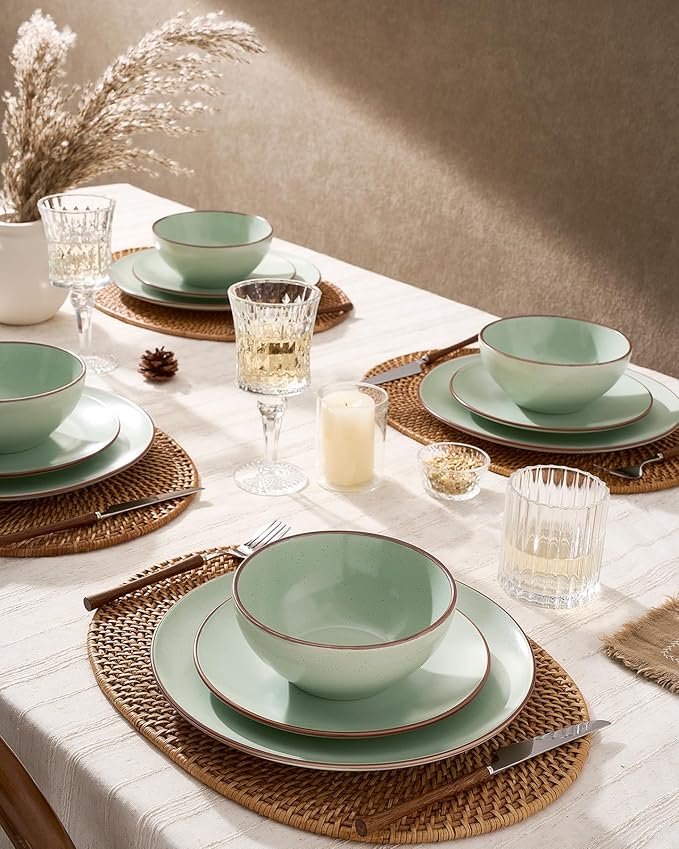 Famiware Venus Plates and Bowls Sets 24 Pieces Stoneware Speckled Dinnerware Dishes Set for 8 Light Green - Microwave &amp Dishwasher Safe Modern Minimalist for Everyday Meals &amp Formal Dining