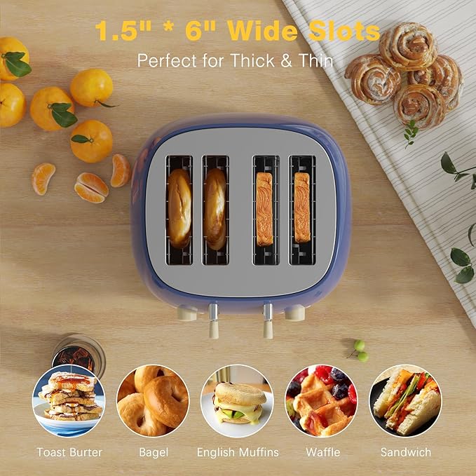 Toaster 4 SliceRetro Stainless Steel Toaster with Extra Wide Slots Cancel Bagel Defrost Function Dual Independent Control Panel Removable Crumb Tray and High Lift Lever (Sapphire Blue)