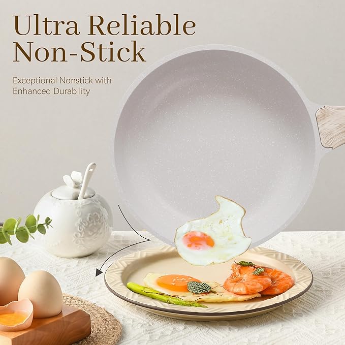 Pots and Pans Set Non Stick 13Pcs Kitchen Cookware Sets Granite Stone Induction Cookware Non Stick Cooking Set w/Frying Pans Saucepans Sauté Pan (PFOA Free) Cream White