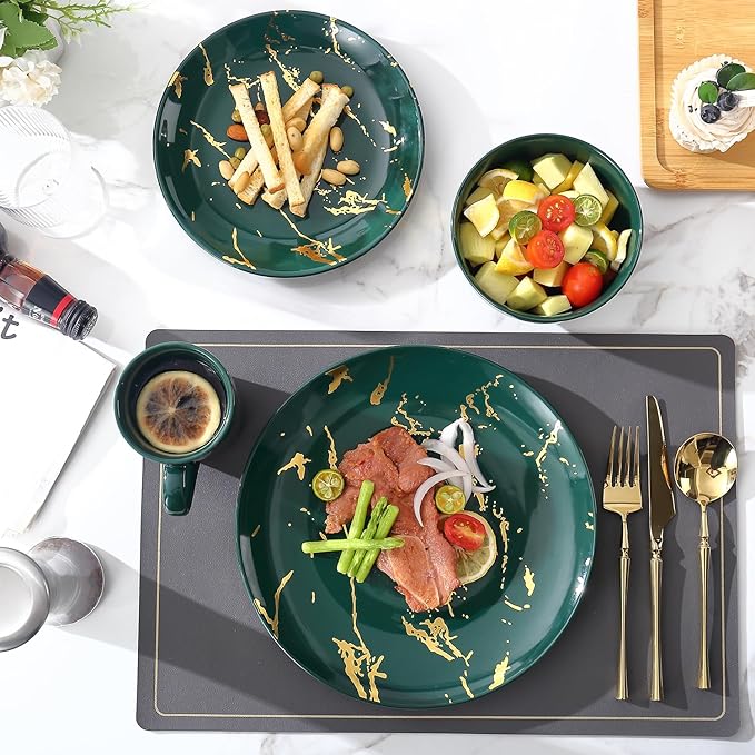 Modern Porcelain 16 Piece Green Dinnerware SetPlates and Bowls SetsGold Dish Set for 4Green Dinnerware SetDinner Sets with Dinner Plates.