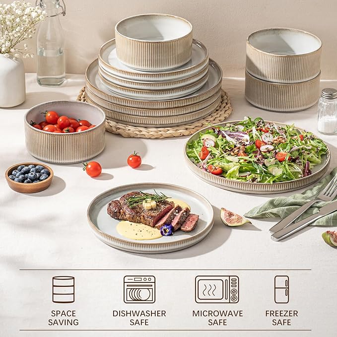 Ceramic Dinnerware Sets for 4-12 Piese Plates and Bowls Set Microwave and Dishwasher Safe Stoneware Ribbed Dishes and 22oz bowls Beige