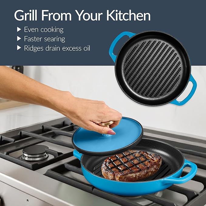 Best Choice Products Non-Stick Pot &amp Pan Cookware Set Cast Iron 2Qt Skillet W/Lid 10 Grill Or Griddle Pan W/Press 6Qt Enameled Dutch Oven Non-toxic For Cooking &amp Grilling - Blue