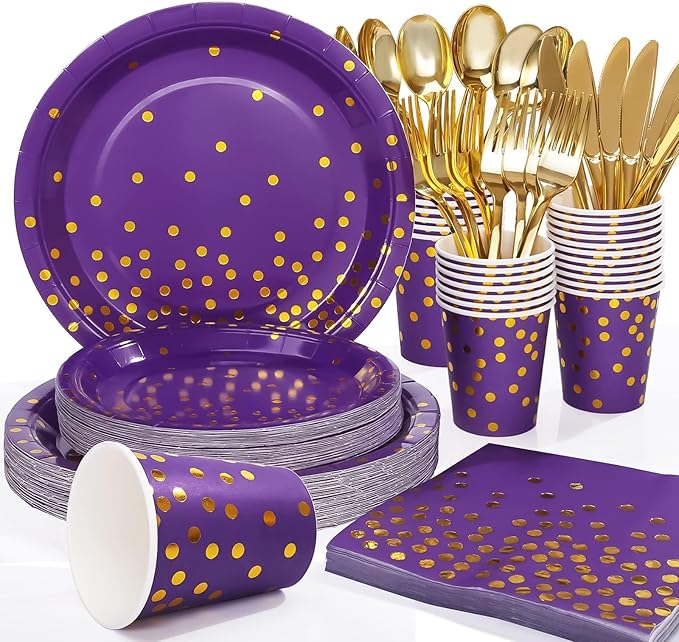 175Pcs Purple and Gold Party Decorations Purple Plates and Cups and Napkins Sets Gold Disposable Plates for Birthday Wedding Party Supplies Serves 25