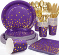 175Pcs Purple and Gold Party Decorations Purple Plates and Cups and Napkins Sets Gold Disposable Plates for Birthday Wedding Party Supplies Serves 25