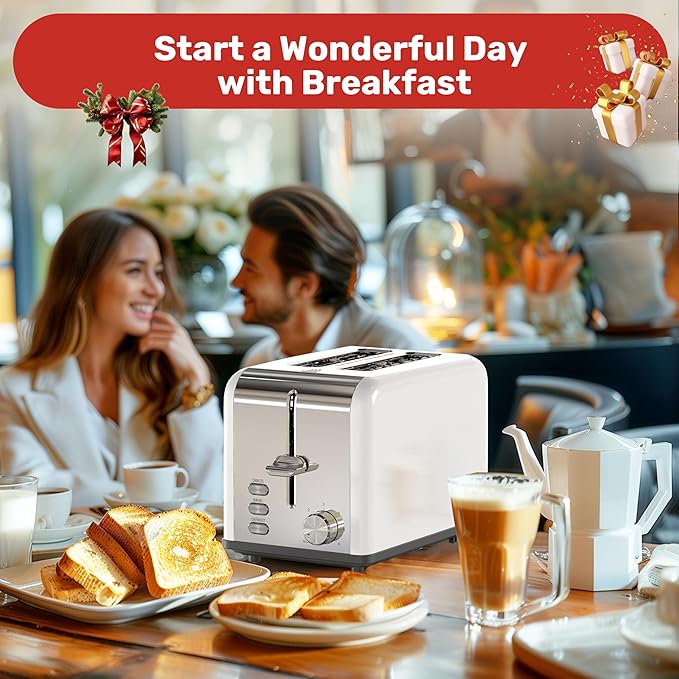 YSSOA Stainless Steel Toaster 2 Slice with Extra Wide Slot &amp Removable Crumb Tray 6 Shade Settings and Bagel/Defrost/Cancel Functions Compact Oven for Various Bread &amp Waffle White New