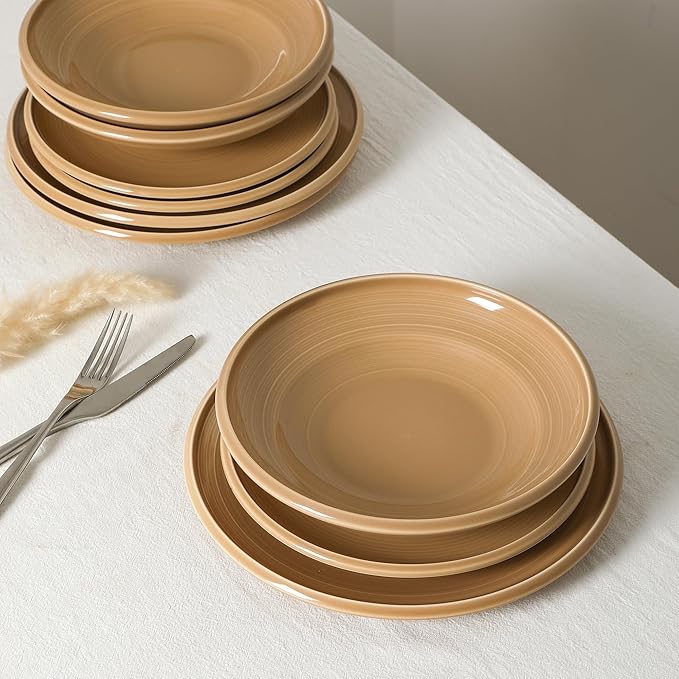 Earth &amp Clay Harmony 24-Piece Dinnerware Stoneware Plates and Bowls Set Includes Dinner and Salad Plates Cereal Bowls Dishwasher and Microwave Safe Dish for 8 Beige