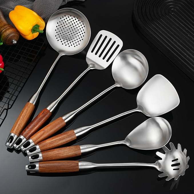 Stainless Steel Cooking Utensils with Wooden Handle 6 PCS Stainless Steel Kitchen Utensils 12.5-14 Wok Spatula Ladle Skimmer Slotted Spatula Turner Spaghetti Spoon Large Spoon