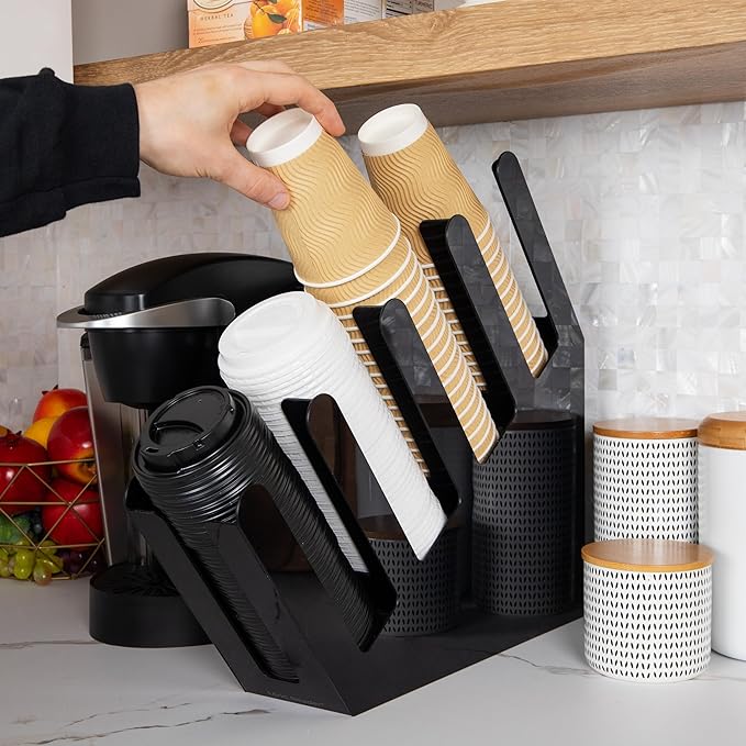 Mind Reader Cup and Lid Dispenser Countertop Org Coffee Bar Beverage Cup Kitchen Breakroom Black