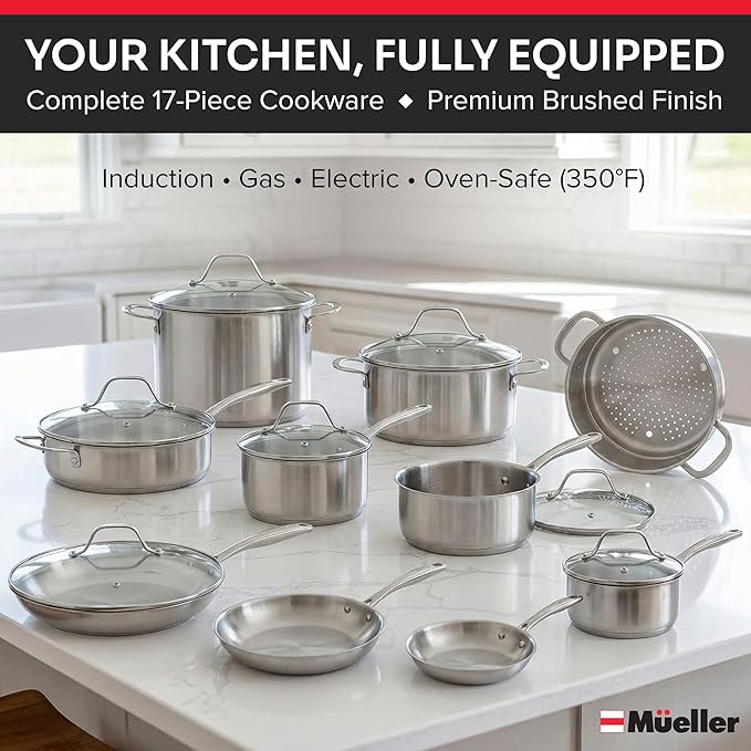 Mueller 17-Piece Stainless Steel Pots and Pans Set – Tri-Ply Ultra-Clad Pro Cookware Set Induction Ready Oven Safe Even-Heat Aluminum Core Includes Skillets Saucepans Dutch Oven Stockpot