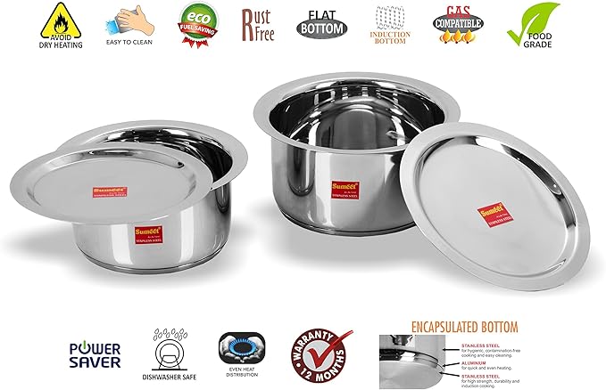 Sumeet 2 Pcs Stainless Steel Induction Bottom (Encapsulated Bottom) Induction &amp Gas Stove Friendly Container Set/Tope/Cookware Set With Lids Size No.10 &amp No.11 (1 Ltr &amp 1.25 Ltr)