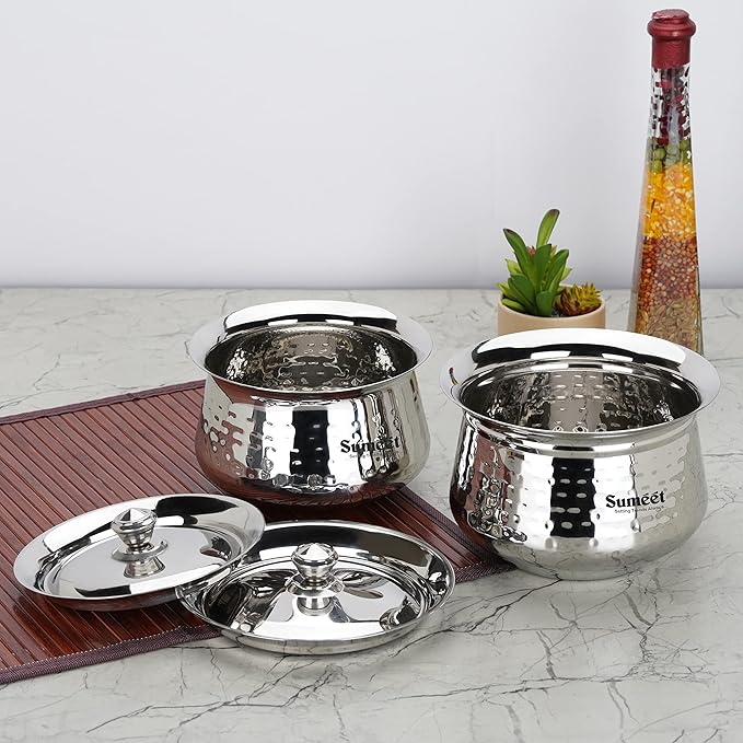 Sumeet Stainless Steel Handcrafted Hammered Texture Handi Set with Lid for Kitchen Set of 2 1300ml &amp 1700ml Silver