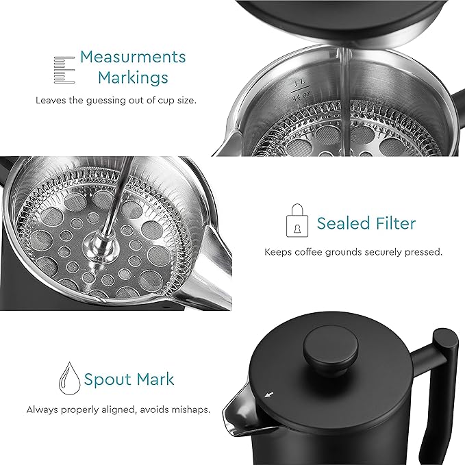 Belwares French Press Coffee Maker 34 Oz - Insulated Coffee Press Stainless Steel 304 - Double Wall &amp 4 Level Filtration System (1 Liter) - Black