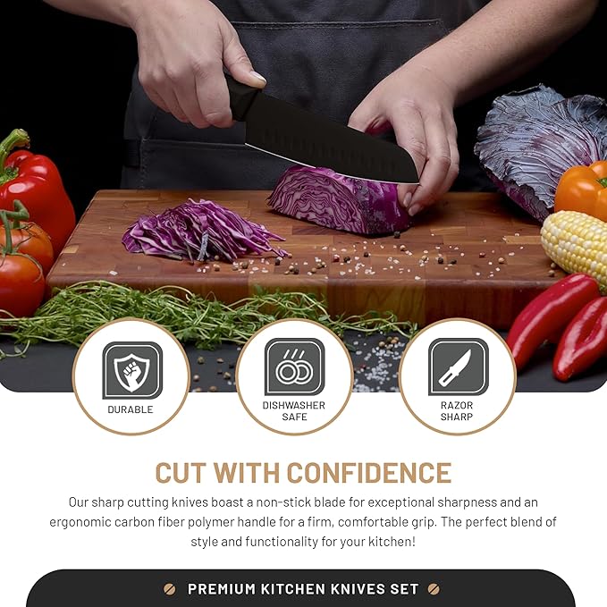 DFACKTO 15 Piece Matte Black Chef Knife Set with Sharpener and Block Modern Non-Slip Ergo Composite Handle Sharp Full-Tang High-Carbon Stainless Steel Blades Knives for kitchen