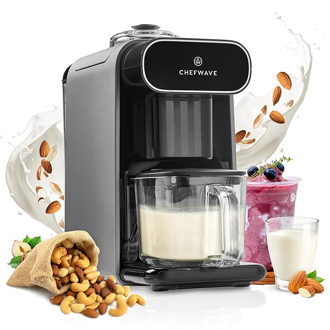 ChefWave Milkmade Soy Milk Maker (Silver/Black) 6-in-1 Vegan Plant-Based Milk Machine with Auto Clean and Delay Start Almond Oat Soy Cashew Coconut Macadamia Milk Maker with Nut Platter