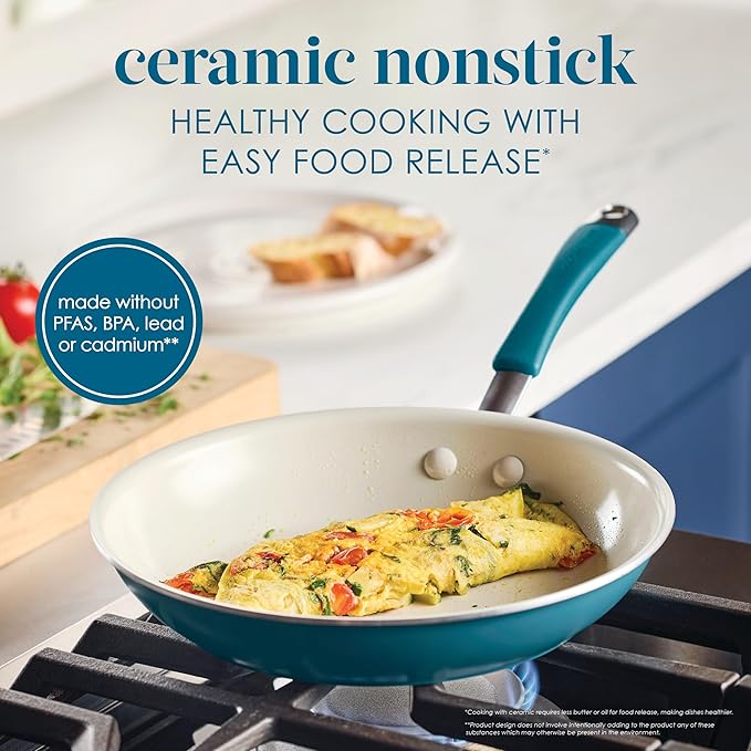 Rachael Ray Cucina Ceramic Cookware Set - 13 Pieces - Ceramic Pots and Pans Set w/Nonstick Frying Pans Saute Pan Saucepans Stockpot Lids Pan Protectors &amp Cooking Utensils - Marine Blue